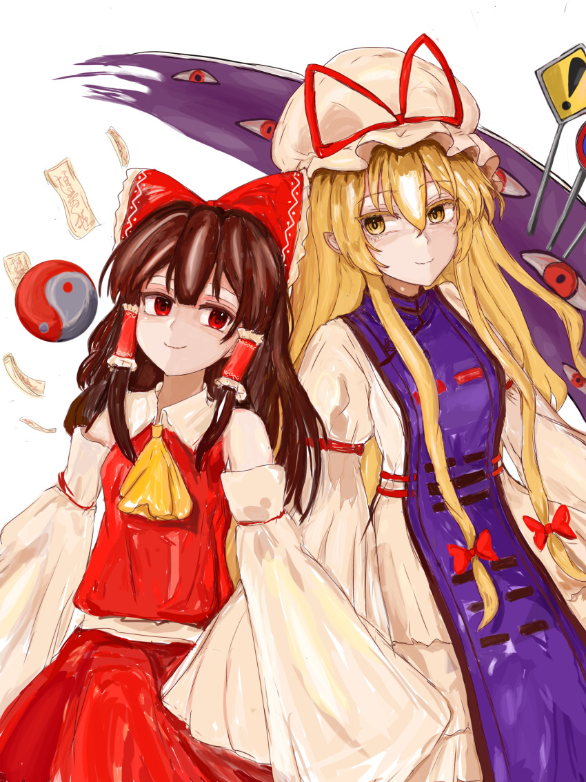 2girls 83mkneinlsqmebq bare_shoulders blonde_hair bow brown_hair detached_sleeves dress gap_(touhou) hair_between_eyes hair_tubes hakurei_reimu hat highres long_hair long_sleeves mob_cap multiple_girls neckerchief ofuda orb puffy_sleeves purple_tabard red_bow red_eyes red_shirt red_skirt road_sign shirt sign skirt smile tabard touhou very_long_hair white_background white_dress yakumo_yukari yellow_eyes yellow_neckerchief yin_yang yin_yang_orb