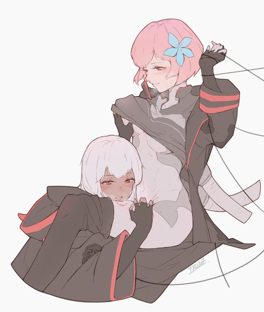 2girls bite_mark blue_flower blush breasts cytus face_in_crotch flower grabbing_another&#039;s_breast groping hair_flower hair_ornament hand_on_another&#039;s_thigh hand_under_clothes hand_under_shirt hand_up highres hood hooded_coat hooded_jacket ivy_(cytus) jacket multiple_girls navel pink_hair red_eyes shirt short_hair thighhighs thighs trove underboob undressing vanessa_(cytus) white_background white_hair yuri