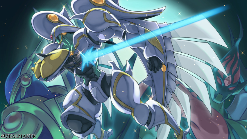 3boys armor artist_name colored_skin commission duel_monster elemental_hero_flame_wingman elemental_hero_shining_flare_wingman elemental_hero_sparkman full_body green_skin male_focus mechanical_wings multiple_boys skeb_commission white_armor wings yu-gi-oh! yu-gi-oh!_gx zealmaker