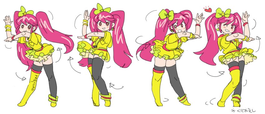 1girl :d absurdres aino_megumi black_thighhighs blush_stickers boots bow cure_lovely cure_lovely_(lollipop_hip_hop) dancing dot_nose frilled_skirt frills full_body fussan_senryobako green_bow grin hair_bow hand_up happinesscharge_precure! heart highres layered_skirt leaning_forward legs_apart long_hair motion_lines multiple_views open_mouth pink_eyes pink_hair precure scene_reference shirt shoes short_sleeves simple_background single_boot single_shoe skirt smile standing thighhighs translated twintails white_background wristband yellow_boots yellow_shirt yellow_skirt zettai_ryouiki