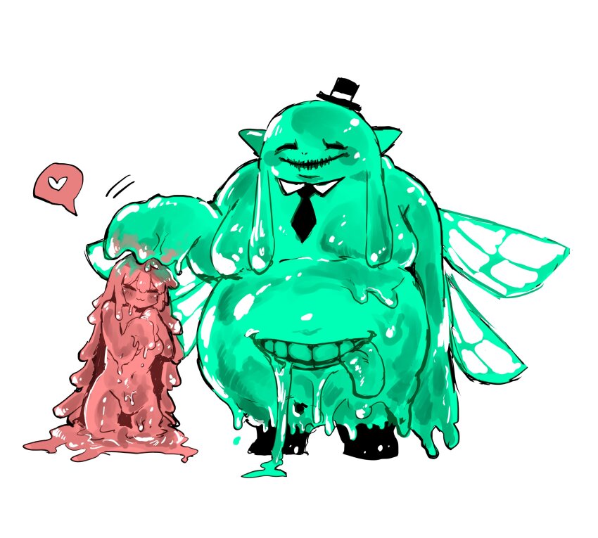 1boy 1girl :3 absurdres closed_eyes detached_collar fairy_gentleman_(project_moon) fairy_wings fat fat_man hat headpat heart height_difference highres kisaaka long_hair melting melting_love mini_hat mini_top_hat monster_boy monster_girl project_moon simple_background slime_boy slime_girl spoken_heart stitched_mouth stitches stomach_mouth top_hat very_long_hair white_background wings
