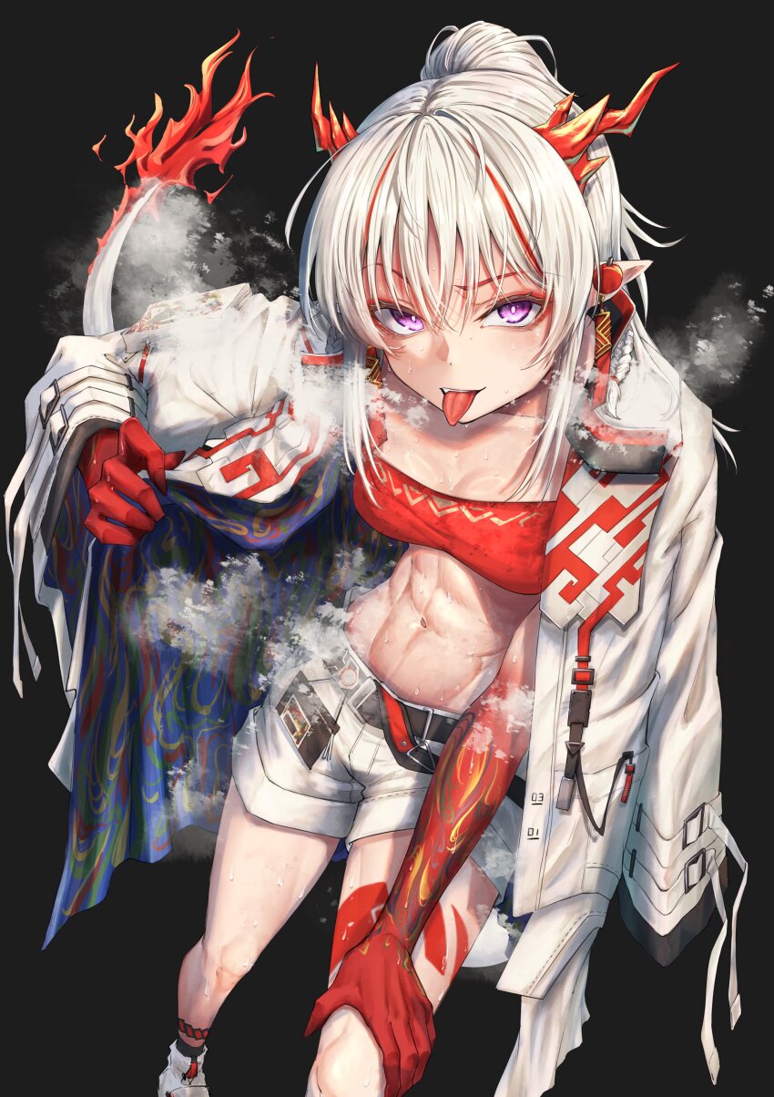 1girl abs absurdres anklet arknights bandeau belt black_background black_belt black_socks braid breasts collarbone colored_extremities colored_skin commentary_request dragon_girl dragon_horns dragon_tail earrings fang flame-tipped_tail gradient_skin highres horns jacket jewelry kuromu leg_tattoo long_hair long_sleeves looking_at_viewer medium_breasts multicolored_hair nian_(arknights) open_clothes open_jacket pointy_ears purple_eyes red_bandeau red_skin red_streaks red_tube_top shoes short_shorts shorts sidelocks socks solo steaming_body strapless streaked_hair sweat tail tassel tassel_earrings tattoo tongue tongue_out tube_top two-sided_fabric white_hair white_jacket white_shoes white_shorts