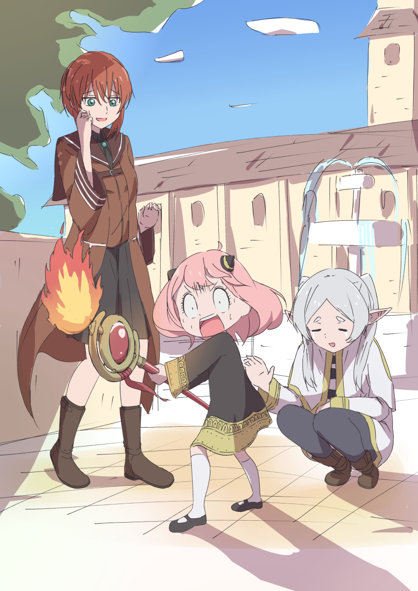 3girls :d absurdres anya_(spy_x_family) black_dress black_footwear black_pantyhose blue_sky boots brown_coat brown_footwear child coat commentary_request crossover day dress elf fire floating_hair frieren full_body green_eyes hand_up hatori_chise highres holding holding_staff kaai_yuu kneehighs long_hair long_sleeves looking_at_another looking_at_object mage_staff magic mahou_tsukai_no_yome mary_janes medium_hair multiple_crossover multiple_girls open_clothes open_coat open_mouth outdoors pantyhose pink_hair pointy_ears red_eyes season_connection shoes short_dress short_eyebrows sky smile socks sousou_no_frieren spy_x_family squatting staff standing surprised sweat sweatdrop tanezaki_atsumi tears teeth twintails upper_teeth_only voice_actor_connection white_socks wide-eyed wide_sleeves