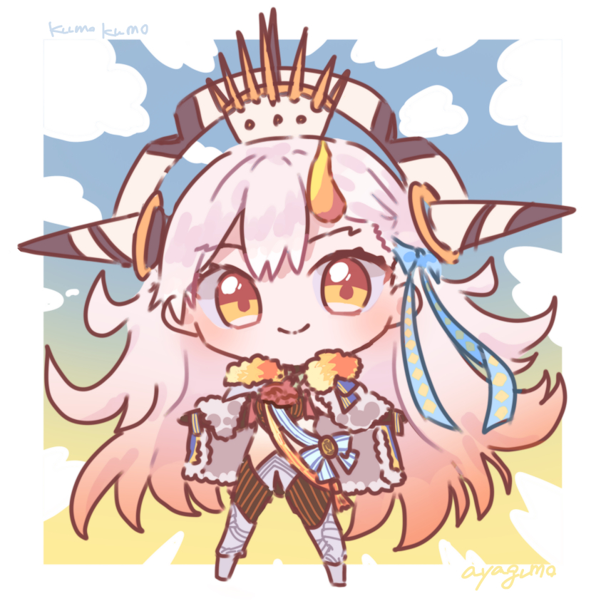 1girl absurdres artist_name cape chibi clothing_cutout commentary_request fate/grand_order fate_(series) fur-trimmed_cape fur_trim hair_ornament hat highres horns long_hair looking_at_viewer olga_marie_animusphere signature single_horn smile solo u-olga_marie user_vkjy5545 very_long_hair white_hair white_hat yellow_horns