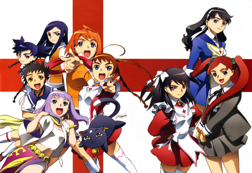 6+girls absurdres ahoge apron arika_yumemiya ayane_hazakura bell black_hair black_ribbon blue_dress blue_eyes blue_hair blue_sailor_collar blush braid breasts brooch brown_eyes brown_footwear brown_hair brown_skirt cat collar collared_shirt cuffs dress frilled_apron frills fuuka_academy_school_uniform garderobe_uniform green_eyes green_scrunchie grey_jacket grey_skirt hair_ornament hair_ribbon hair_scrunchie hairband hand_on_own_hip handcuffs highres hisayuki_hirokazu hoshinomiya_fuuka_academy_school_uniform jacket jewelry kagura_mayo kuga_natsuki large_breasts lena_sayers light_purple_hair loafers long_hair looking_at_viewer mashiro_blan_de_windbloom meister_otome_uniform mikoto_(my-otome) multiple_girls my-hime my-hime_destiny:_ryuu_no_miko my-otome my-otome_s.ifr my-otome_saga neck_bell neck_ribbon nina_wang official_art open_clothes open_jacket open_mouth orange_eyes orange_hair orange_vest pink_eyes pleated_skirt print_apron print_legwear purple_eyes red_dress red_hair red_scarf ribbon sailor_collar scarf school_uniform scrunchie shirt shoes short_hair short_twintails shorts signature skirt small_breasts smile socks strapless thighhighs tokiha_mai tube_top twin_braids twintails v vest white_apron white_frills white_hairband white_jacket white_legwear white_ribbon white_shirt white_shorts white_tube_top yellow_scarf zettai_ryouiki