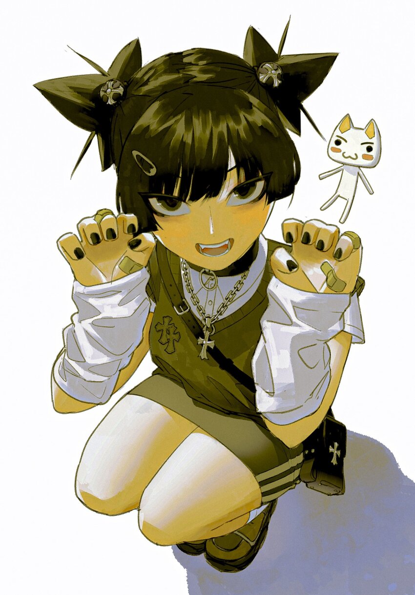 1girl bag black_hair black_nails breasts cameo choker claw_pose cross cross_necklace doko_demo_issho fashion full_body hair_ornament hairclip handbag highres inoue_toro jewelry looking_at_viewer miniskirt nail_polish necklace open_mouth original shadow shoes short_hair short_twintails simple_background skirt small_breasts solo squatting twintails vest vinne white_arm_warmers white_background y2k_fashion