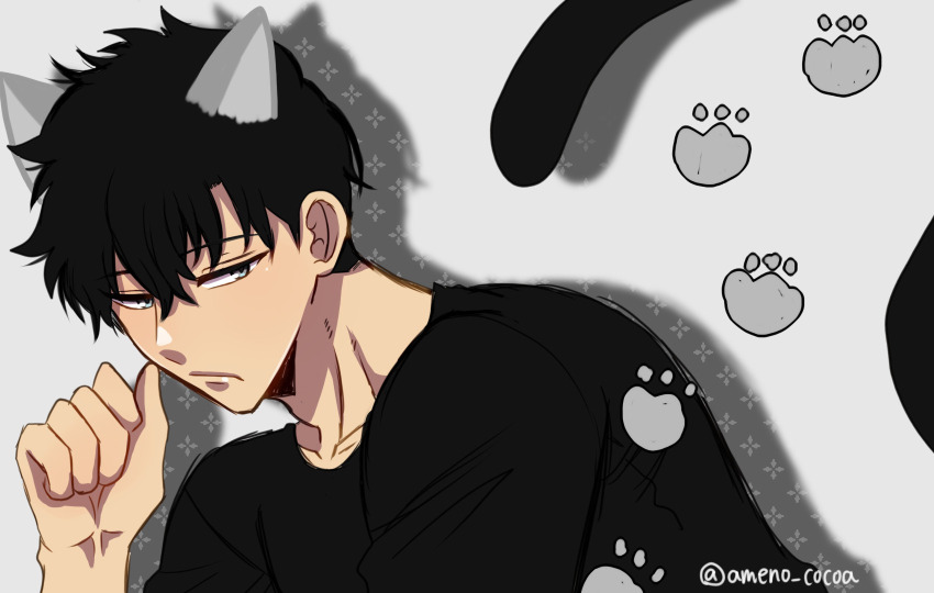 1boy adam&#039;s_apple akina_(user_htkx7587) animal_ears black_hair black_shirt cat_boy cat_ears cat_paw cat_tail closed_mouth collarbone facing_to_the_side frown grey_background grey_eyes hair_between_eyes highres looking_to_the_side male_focus paw_pose shadow shirt short_hair simple_background solo_leveling sung_jin-woo tail