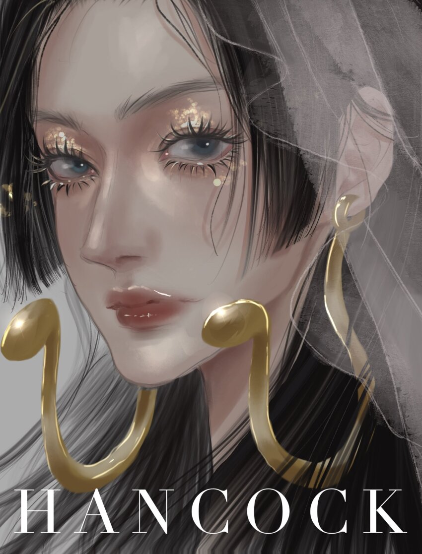 1girl black_hair blue_eyes boa_hancock character_name close-up closed_mouth commentary earrings eyeshadow gold_eyeshadow highres jewelry long_hair looking_at_viewer makeup mascara one_piece portrait rihirihi613 sidelocks snake_earrings solo symbol-only_commentary