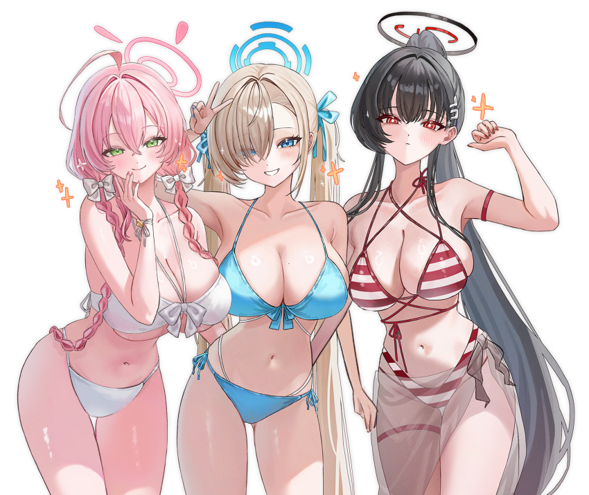 3girls absurdres ahoge alternate_costume alternate_hairstyle arm_strap asuna_(blue_archive) bikini black_hair black_halo blue_archive blue_bikini blue_eyes blue_halo blue_ribbon blush bow braid breasts bright_pupils brown_hair cleavage closed_mouth collarbone commentary criss-cross_halter crossed_bangs english_commentary eyes_visible_through_hair fingernails green_eyes hair_between_eyes hair_bow hair_intakes hair_ornament hair_over_one_eye hair_ribbon hairpin halo halterneck hanako_(blue_archive) hand_up highres large_breasts long_hair looking_at_viewer low_twin_braids multiple_girls nail_polish navel pink_hair pink_halo ponytail red_bikini red_eyes red_nails ribbon rio_(blue_archive) sarong see-through_clothes see-through_sarong side_slit simple_background smile sparkle sparkling_aura striped_bikini striped_clothes swimsuit thigh_strap thighs twin_braids twintails underboob upper_body v very_long_hair white_bikini white_bow white_pupils yamu_(yamu_030)
