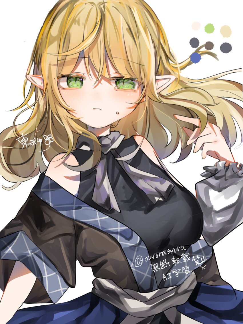 blonde_hair breasts green_eyes highres medium_breasts mizuhashi_parsee osyorasyora pointing pointy_ears tears touhou twitter_username