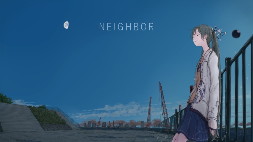 1girl against_railing alternate_costume blue_skirt blue_sky building bush buttons casual city cityscape closed_eyes closed_mouth cloud construction crane_(machine) cube day evening female_focus grass green_hair hair_ornament half_moon hatsune_miku highres jacket jewelry leaning_back light_smile long_hair long_sleeves medium_skirt moon necklace ocean orange_shirt orb outdoors plant pleated_skirt pocket prism railing shirt skirt sky sleeves_past_wrists smog solo stairs stone_floor t-shirt triangle twintails very_long_hair vocaloid white_jacket yukima_(yushika)