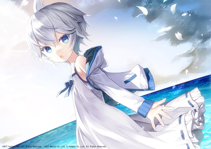 1girl azur_lane bare_shoulders capriccio chestnut_mouth cloud commentary_request copyright_notice dress dutch_angle hood hood_down hooded_jacket horizon jacket long_sleeves looking_at_viewer ocean official_art open_clothes open_jacket open_mouth outdoors petals ribbon-trimmed_dress ribbon_trim sky sleeveless sleeveless_dress sleeves_past_wrists solo u-110_(azur_lane) water watermark white_dress white_jacket