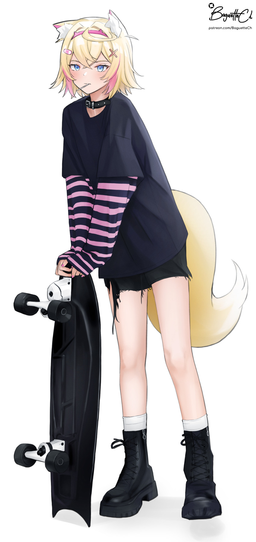 1girl absurdres alternate_costume animal_ears baggy_clothes baguette_(baguettech) belt_collar black_shirt blonde_hair blue_eyes boots collar commentary dog_ears english_commentary full_body hairband highres hololive hololive_english layered_sleeves leaning_on_object lollipop_in_mouth long_sleeves mococo_abyssgard nail_polish pink_nails pink_streaks shirt shorts signature simple_background skateboard sleeves_past_wrists solo standing striped_clothes striped_shirt t-shirt tail virtual_youtuber white_background