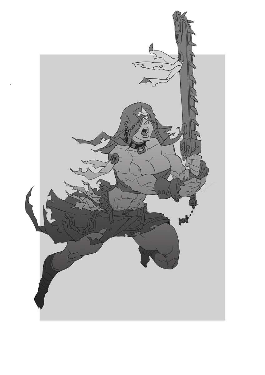 abs adepta_sororitas bracelet breasts chainsword collar covered_eyes greyscale highres holding holding_weapon hood jewelry large_breasts loincloth monochrome muscular muscular_female open_mouth purity_seal rmulderz sarashi sister_repentia warhammer_40k weapon