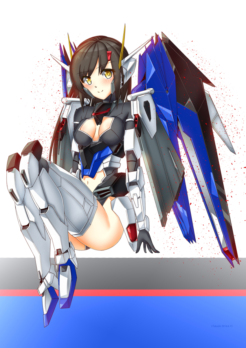 1girl black_gloves black_hair blush boots breasts cleavage cleavage_cutout clothing_cutout freedom_gundam gloves gundam gundam_seed highres i.takashi looking_at_viewer making-of_available mecha_musume mechanical_wings navel open_hand personification sitting smile solo stomach_cutout thigh_boots thighhighs wings yellow_eyes