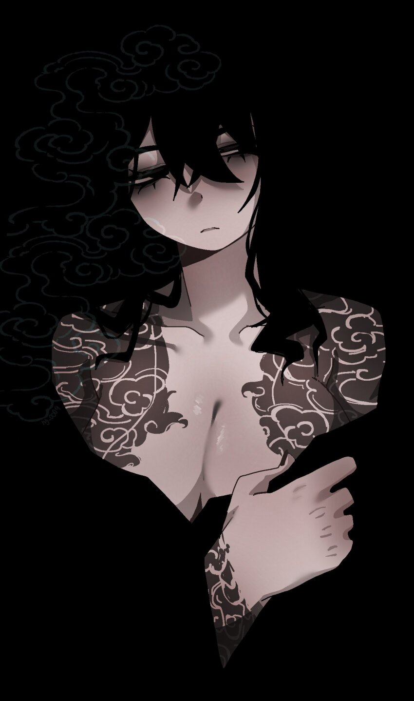 1girl bags_under_eyes bare_shoulders black_eyes black_hair black_kimono blending breasts cloud_tattoo hair_between_eyes hand_up highres irezumi japanese_clothes kimono large_breasts library_of_ruina looking_to_the_side ny_000a off_shoulder open_mouth project_moon sayo_(project_moon) smoke solo tattoo