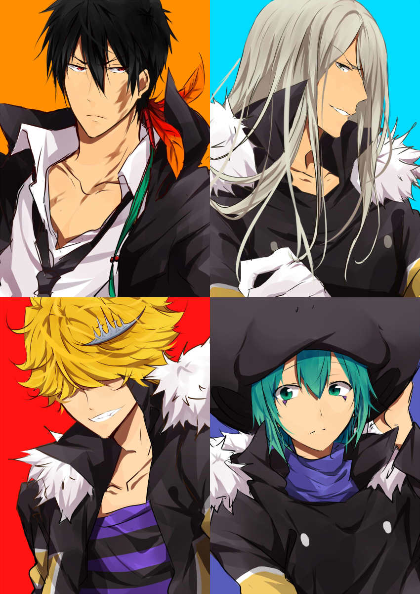 absurdres belphegor_(reborn) blonde_hair closed_mouth commentary_request fran_(reborn) gloves green_eyes hair_over_eyes highres katekyo_hitman_reborn! long_hair male_focus matsurinnu multiple_boys shirt simple_background smile striped_clothes striped_shirt superbi_squalo tiara varia xanxus