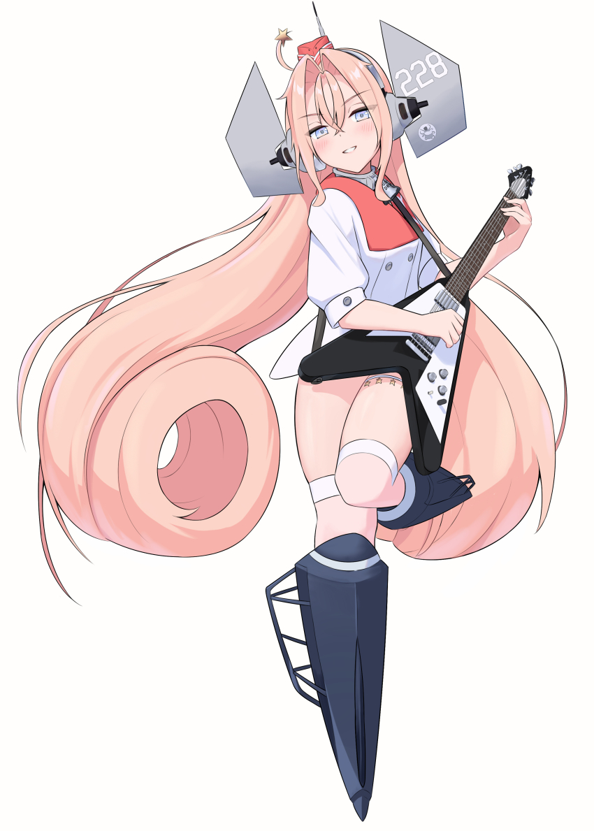 1girl absurdres ballet_boots bell coat collar drum_(kancolle) electric_guitar full_body garrison_cap grey_eyes guitar hair_ornament hair_rings hat headgear highres instrument kantai_collection l_meet long_hair metal_collar neck_bell pink_hair red_hat simple_background solo star_(symbol) star_hair_ornament star_ornament thighhighs very_long_hair white_background white_coat