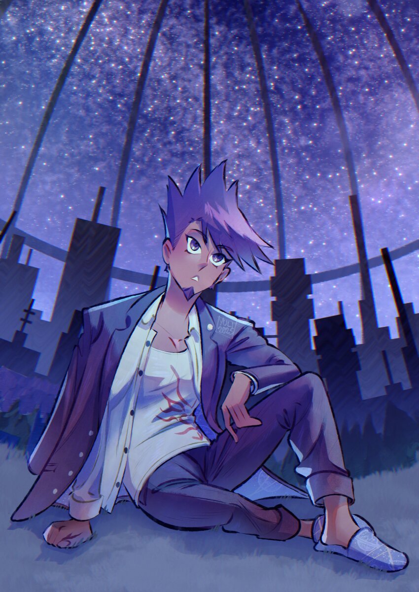 1boy absurdres commentary danganronpa_(series) danganronpa_v3:_killing_harmony elbow_on_knee english_commentary facial_hair full_body goatee hair_between_eyes happy_birthday hellshake_yuli highres jacket jacket_partially_removed long_sleeves looking_up male_focus momota_kaito on_grass open_clothes open_shirt outdoors purple_eyes purple_facial_hair purple_hair purple_theme shirt short_hair sitting sky solo spiked_hair star_(sky) starry_sky white_shirt