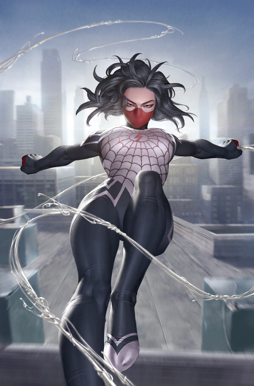 1girl black_bodysuit black_hair bodysuit breasts building cindy_moon cityscape day grey_eyes highres large_breasts looking_at_viewer marvel mask mouth_mask multicolored_bodysuit outdoors red_mask short_hair silk_(marvel) skyscraper solo spider-man_(series) white_bodysuit yoon_junggeun