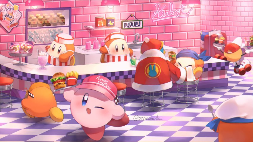 apron bandana_waddle_dee brick_wall burger can checkered_floor food french_fries hat highres king_dedede kirby kirby_(series) looking_at_another looking_at_viewer magolor milkshake mr._bright mr._shine napkin nintendo ochanoda paint_roller_(kirby) roller_skates sailor_waddle_dee sink skates soda spoon waddle_dee
