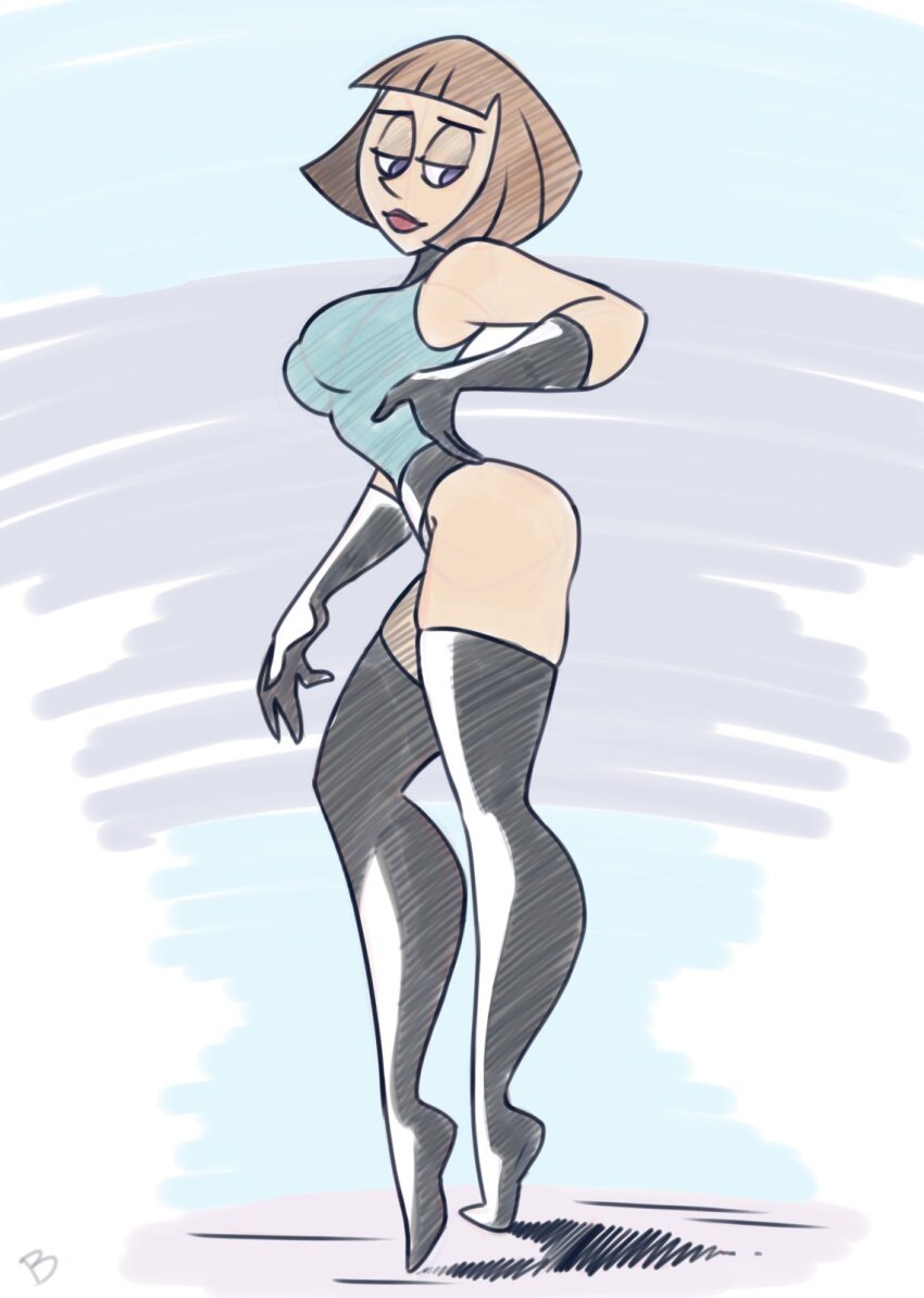 1girl ass black_gloves bodysuit boots breasts brown_hair curvy danny_phantom full_body gloves highleg highleg_leotard highres large_breasts leotard light_smile lips lipstick maddie_fenton makeup purple_eyes roger_bacon shiny_clothes short_hair smile solo standing thigh_boots thighs wide_hips