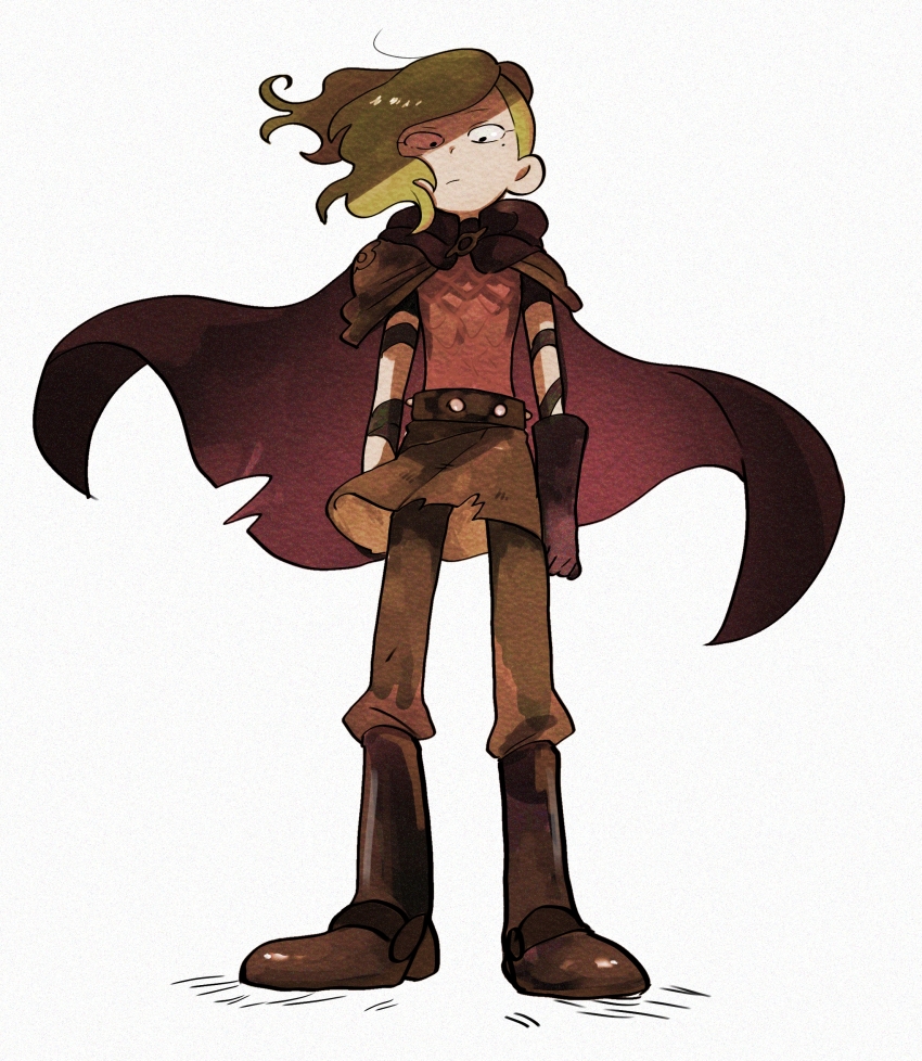 1girl absurdres amphibia armor armored_boots arms_at_sides asymmetrical_bangs blonde_hair boots breastplate cape closed_mouth expressionless frown full_body gloves highres mole mole_under_eye pants pants_under_skirt partially_shaded_face ponytail samui522 sasha_waybright skirt solo standing straight-on toad_armor_(amphibia) white_background