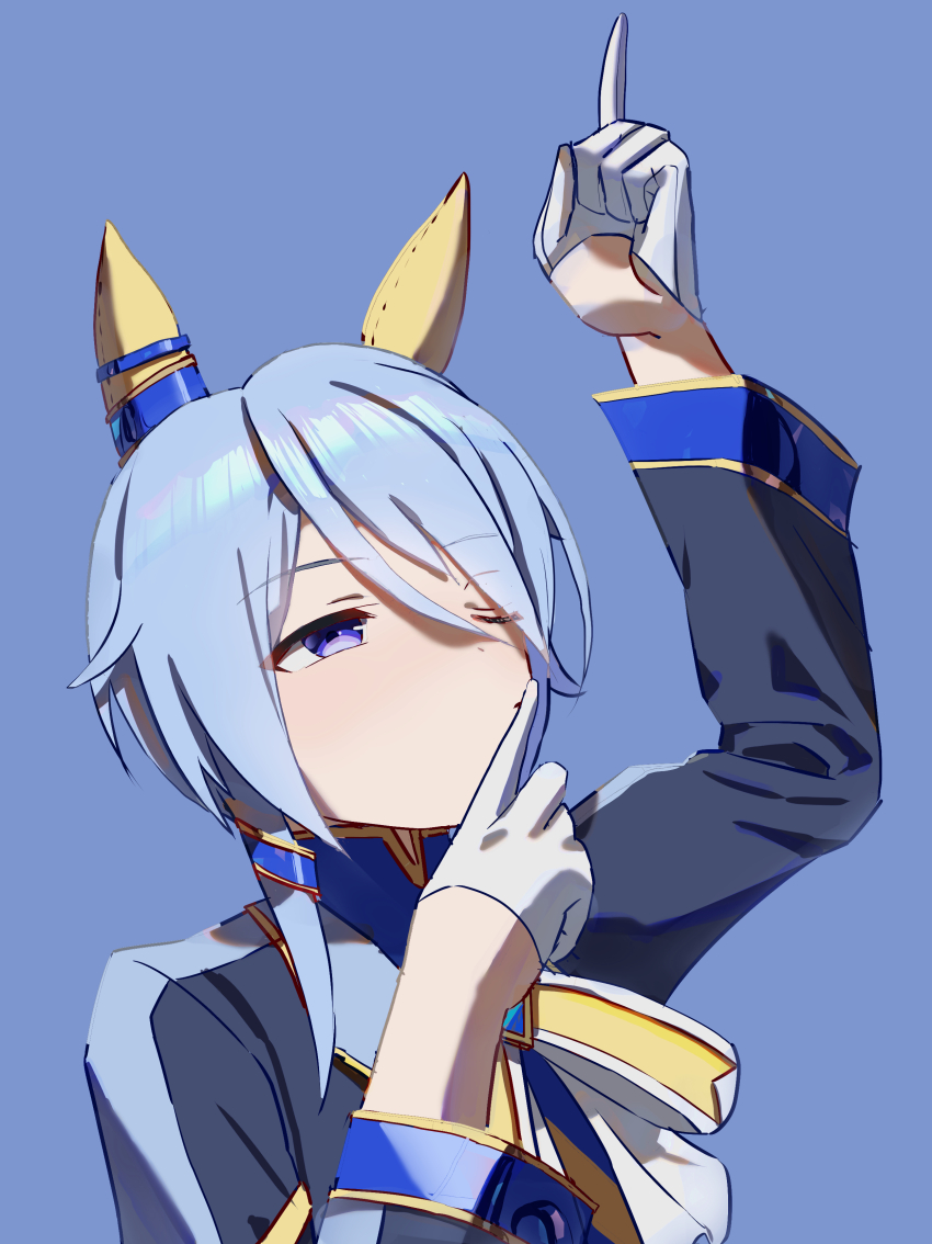 1girl absurdres animal_ears asymmetrical_hair belt blue_background blue_eyes blue_hair bow bowtie commentary_request ear_covers finger_to_mouth gloves half_gloves highres horse_ears horse_girl index_finger_raised jacket k.s.miracle_(umamusume) no_uwazumi one_eye_closed short_hair simple_background smile solo umamusume upper_body white_bow white_bowtie white_gloves