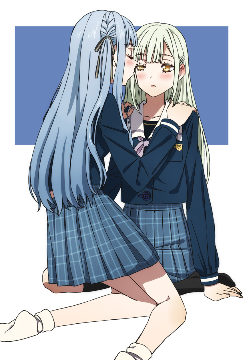 2girls bang_dream! bang_dream!_it&#039;s_mygo!!!!! black_socks blue_background blue_hair blue_shirt blue_skirt blush closed_eyes commentary_request commission green_hair grey_neckerchief hair_ornament hairclip hands_on_another&#039;s_shoulders highres kneehighs kneeling long_hair long_sleeves multiple_girls neckerchief oiun parted_lips pixiv_commission plaid_clothes pleated_skirt sailor_collar school_uniform shirt skirt socks togawa_sakiko tsukinomori_school_uniform two-tone_background two_side_up wakaba_mutsumi white_background white_sailor_collar white_socks yellow_eyes yuri