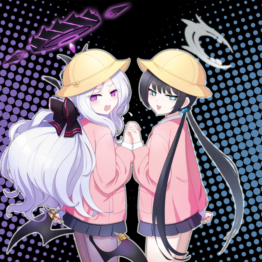 2girls ahoge black_hair black_halo blue_archive breasts demon_girl demon_horns demon_wings dtcy grey_eyes grey_halo halo hat highres hina_(blue_archive) horns kisaki_(blue_archive) long_hair looking_at_viewer multiple_girls purple_eyes small_breasts twintails white_hair wings