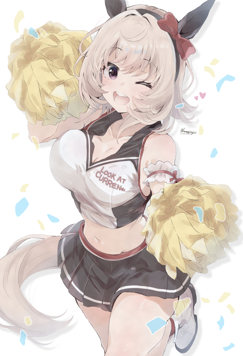 1girl ;d animal_ears black_skirt bow breasts cheerleader cleavage commentary_request curren_chan_(umamusume) ear_bow ear_covers highres holding holding_pom_poms horse_ears horse_girl horse_tail kannagiray looking_at_viewer medium_breasts midriff navel one_eye_closed open_mouth pom_pom_(cheerleading) pom_poms purple_eyes red_bow short_hair skirt smile solo tail teeth umamusume upper_teeth_only white_hair