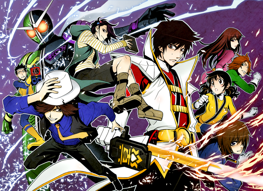 2girls 6+boys 666nao animification belt black_hair cowboy_shot crossover fujisawa_naoyuki hanaori_kotoha hidari_shoutarou holding holding_sword holding_weapon ikenami_ryunosuke ikenami_ryuunosuke jacket kamen_rider kamen_rider_double kamen_rider_w looking_at_viewer multiple_boys multiple_girls philip philip_(kamen_rider) samurai_sentai_shinkenger shiba_takeru shinken_blue shinken_gold shinken_green shinken_pink shinken_red shinken_yellow shiraishi_mako super_sentai sword tani_chiaki umemori_genta uniform weapon