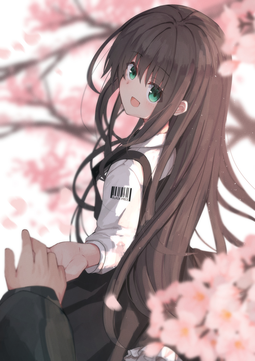 1girl 1other :d absurdres black_dress black_hair blurry blurry_background blush cherry_blossoms clothes_writing commentary cowboy_shot depth_of_field dress english_text eyes_visible_through_hair film_grain floating_hair from_behind green_eyes hair_between_eyes happy highres long_hair long_sleeves looking_at_viewer looking_back natsume_ai nodoameyatou open_mouth pov pov_hands sakura_no_toki sakura_no_uta shirt sleeveless sleeveless_dress smile solo_focus spring_(season) very_long_hair white_shirt