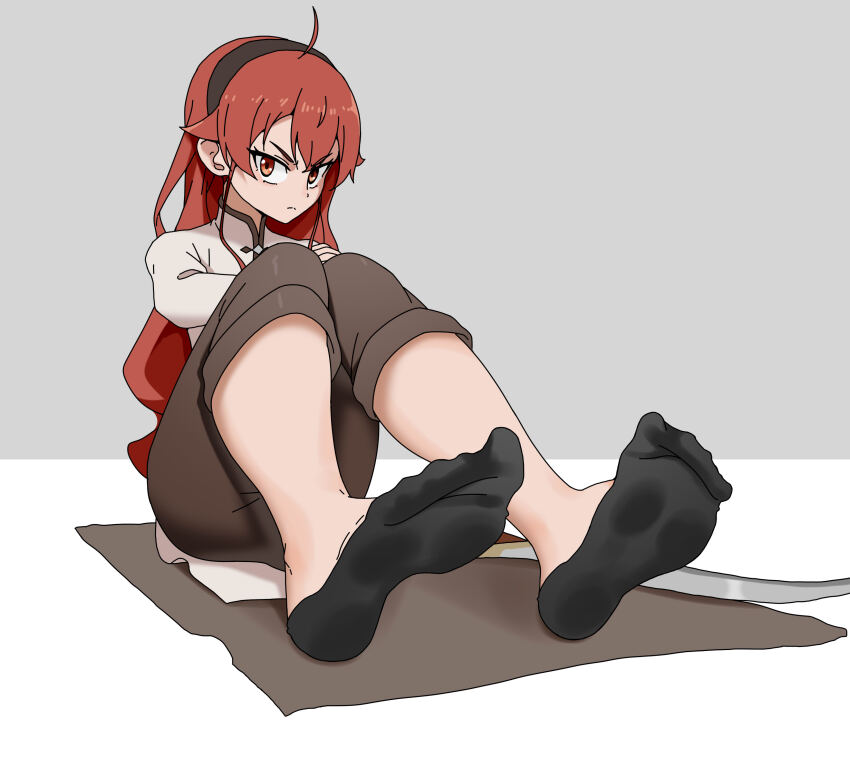 1girl absurdres black_socks eris_greyrat feet hairband highres long_hair looking_at_viewer mushoku_tensei paxa349 red_eyes red_hair socks soles toes