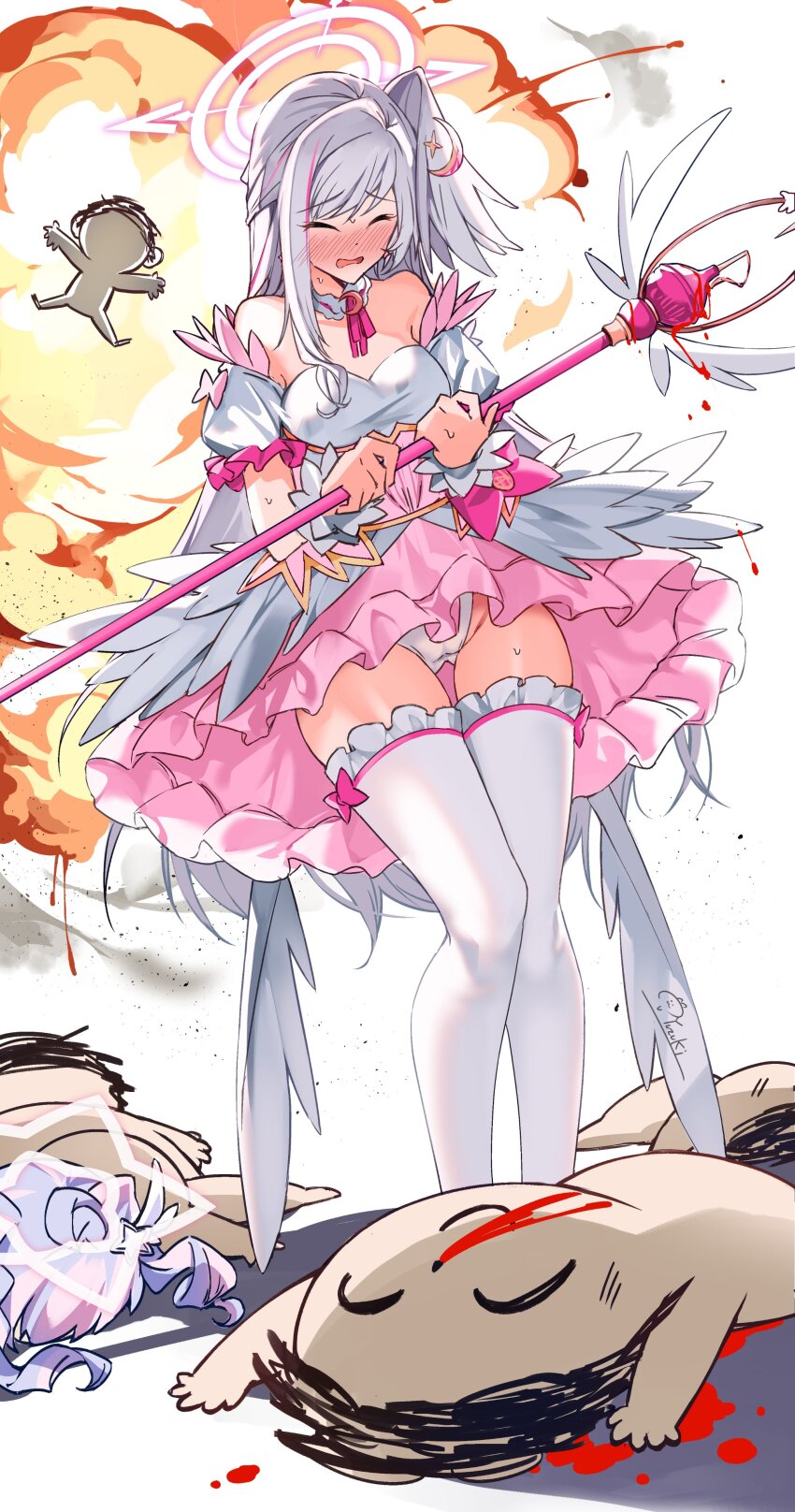 2girls absurdres bare_shoulders blood blue_archive blush breasts closed_eyes crescent crescent_hair_ornament detached_collar detached_sleeves doodle_sensei_(blue_archive) dress earrings explosion hair_ornament halo head_wings highres hirai_yuzuki jewelry layered_skirt long_hair medium_breasts multiple_boys multiple_girls neck_ribbon nosebleed open_mouth pink_dress puffy_short_sleeves puffy_sleeves purple_hair reisa_(blue_archive) reisa_(magical)_(blue_archive) ribbon sensei_(blue_archive) short_sleeves single_head_wing skirt staff suzumi_(blue_archive) suzumi_(magical)_(blue_archive) thighhighs white_hair white_skirt white_thighhighs wings wrist_cuffs