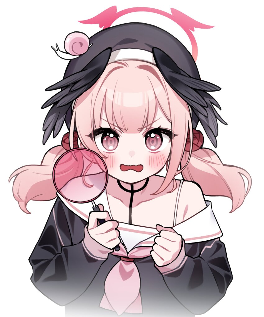 1girl absurdres black_hat black_wings blue_archive blush clenched_hand halo hat head_wings highres holding holding_magnifying_glass koharu_(blue_archive) kurihara_sakura long_sleeves looking_at_viewer low_twintails magnifying_glass neckerchief off_shoulder open_mouth pink_eyes pink_hair pink_neckerchief sailor_collar school_uniform serafuku simple_background snail solo twintails upper_body white_background white_sailor_collar wings