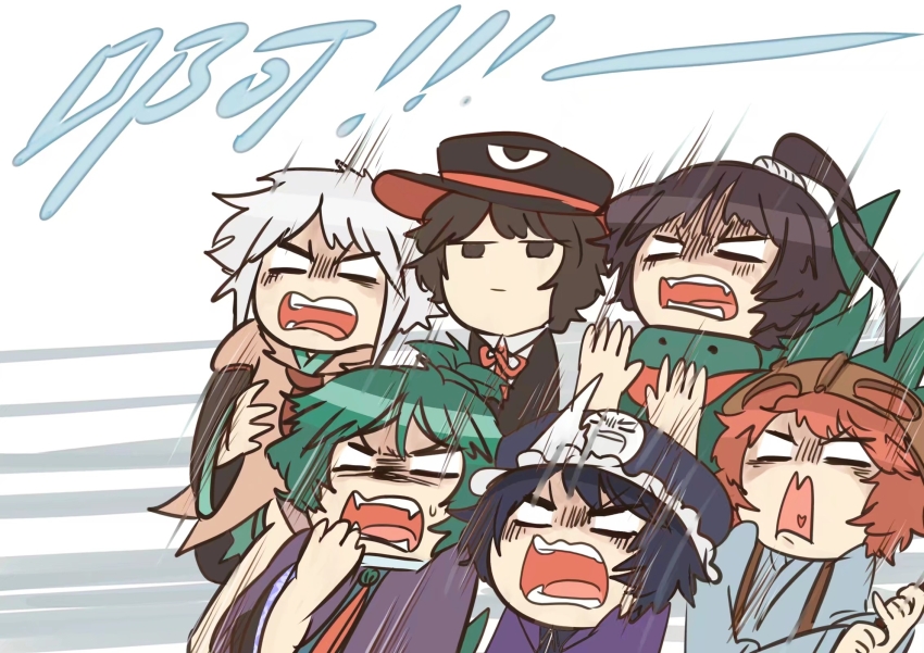 6+others adagumo_no_saragimaru adagumo_no_yaorochi androgynous ascot black_eyes black_hair black_hat black_shirt black_shorts black_vest blue_kimono blue_vest blunt_bangs brown_ascot brown_coat brown_helmet capelet chinese_commentary closed_mouth coat collared_coat collared_shirt commentary_request double-parted_bangs enraku_tsubakura eye_of_senri fangs frilled_headwear green_hair green_jacket green_scarf hair_ornament hair_scrunchie hand_to_own_mouth hands_up hat heart heart_in_mouth helmet high_ponytail high_side_ponytail highres holding hood hood_down hooded_jacket houlen_yabusame jacket japanese_clothes jinbaori jinbei_(clothes) katano_sukune kimono lapels layered_sleeves len&#039;en long_hair long_sleeves mob_cap multiple_others multiple_tails nailao neck_ribbon no_pupils notched_lapels open_clothes open_jacket open_mouth other_focus panicking ponytail ponytail_holder puffy_short_sleeves puffy_sleeves purple_capelet purple_hat purple_jacket reactivate_majestical_imperial red_hair red_hat red_ribbon red_scarf ribbon scarf screaming scrunchie shirt shitodo_kuroji short_hair short_over_long_sleeves short_ponytail short_sleeves shorts siblings snake_tail split_ponytail suspenders tail teeth top_hat triangular_headpiece turn_pale two-sided_fabric two-sided_headwear unamused upper_body v-shaped_eyebrows vest white_background white_hair white_scrunchie white_shirt wide_sleeves