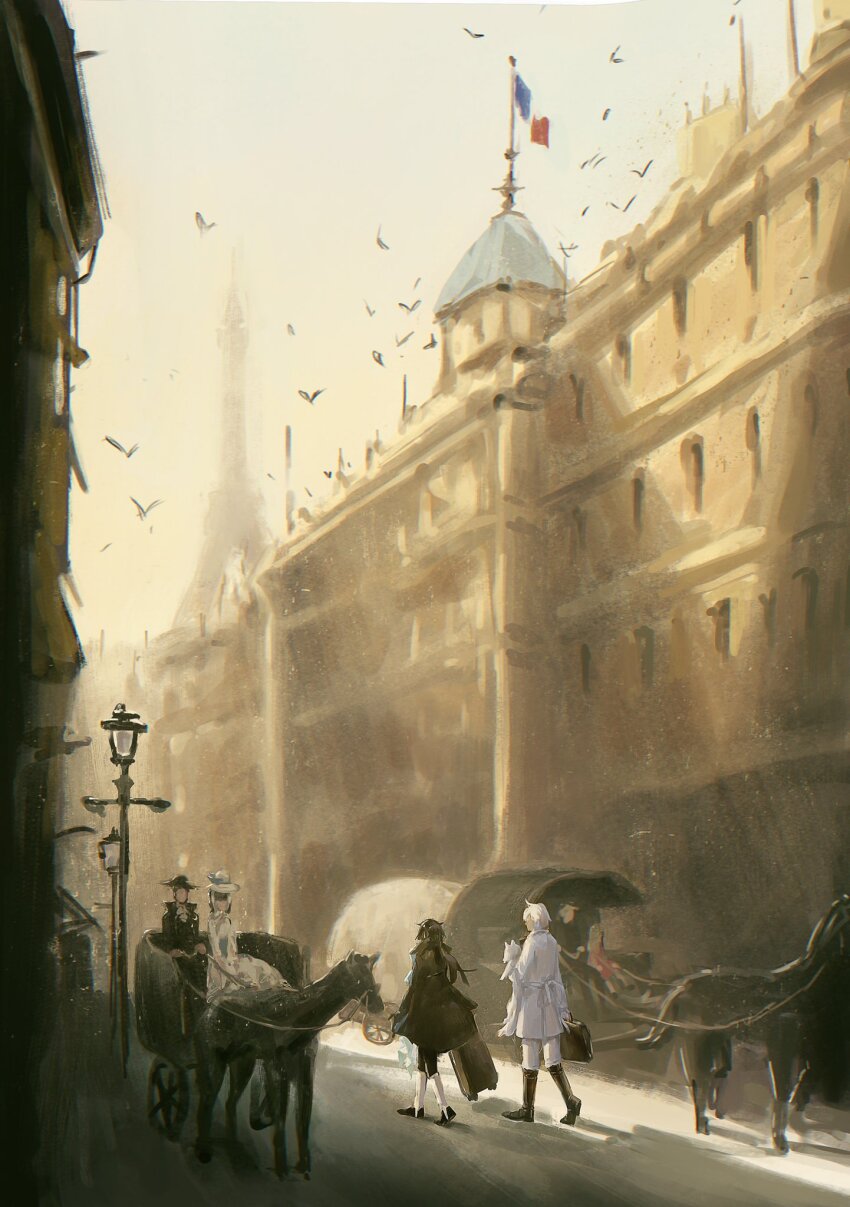 2boys bird black_boots black_coat black_hair boots carrying cat coat commentary eiffel_tower french_flag full_body highres holding holding_suitcase horse multiple_boys murr_(vanitas_no_carte) noe_archiviste outdoors suitcase vanitas_(vanitas_no_carte) vanitas_no_carte walking white_coat zieru