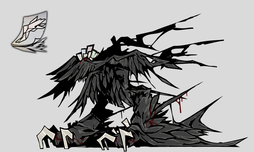 1boy absurdres black_feathers blood distortion_(project_moon) feathered_wings feathers glass_shards grey_background highres limbus_company mirror project_moon simple_background solo teko1193 wings yi_sang_(project_moon)