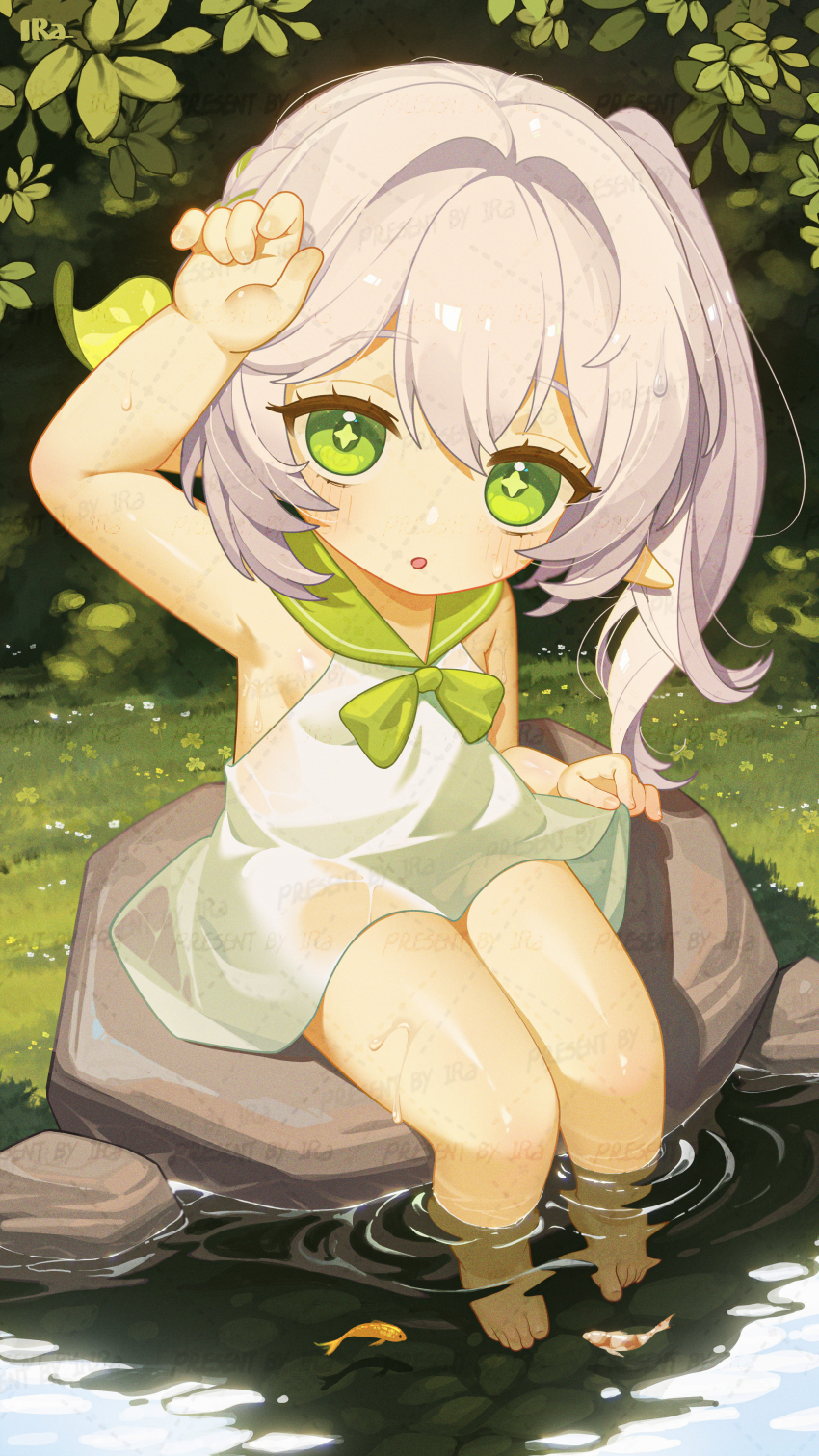 1girl absurdres alternate_costume arm_up blush breasts clothes_lift cross-shaped_pupils dress dress_lift fish forest genshin_impact green_eyes green_sailor_collar haapi_jang_p hair_ornament highres leaf leaf_hair_ornament lifting_own_clothes long_hair looking_at_viewer nahida_(genshin_impact) nature on_rock open_mouth outdoors partially_submerged pointy_ears pond ripples rock sailor_collar side_ponytail sitting sleeveless sleeveless_dress small_breasts soaking_feet solo symbol-shaped_pupils wet wet_hair white_dress white_hair