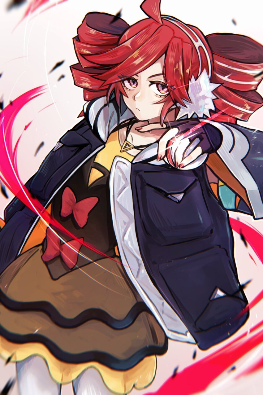 ahoge birthday black_dress black_jacket bow dress drill_hair hand_up hashtag-only_commentary headphones highres holding holding_poke_ball jacket kasane_teto layered_dress luxury_ball nintendo official_alternate_costume pantyhose poke_ball pokemon project_voltage purple_eyes red_bow red_hair rival_teto_(project_voltage) simple_background twin_drills utau vocaloid white_background white_pantyhose yasiro_hayate yellow_dress