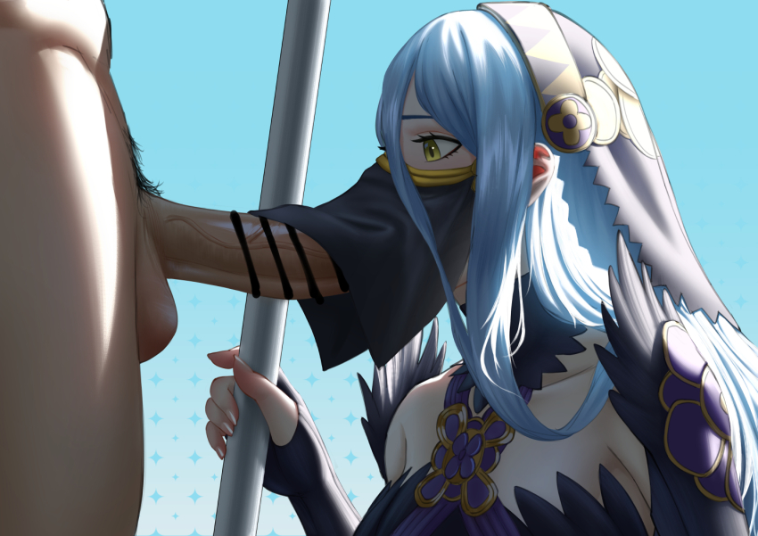 1boy 1girl azura_(fire_emblem) azura_(lady_of_ballads)_(fire_emblem) bar_censor blue_hair br breasts censored covered_mouth erection fellatio fellatio_under_mask fingerless_gloves fire_emblem gloves has_uncensored_version headdress hetero jornyhail mask mouth_mask mouth_veil nintendo open_mouth oral penis pubic_hair staff veil veins veiny_penis