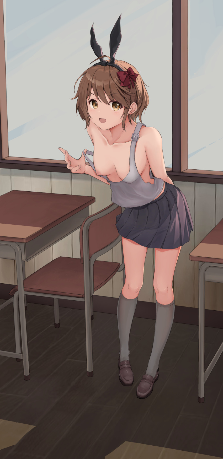 1girl absurdres ahoge animal_ear_hairband animal_ears black_hairband black_skirt bow breasts brown_eyes brown_hair buckle chair classroom collarbone commentary_request desk fake_animal_ears flashing full_body grey_shoes grey_socks grey_tank_top hair_bow hairband hand_up highres indoors kneehighs loafers looking_at_viewer medium_breasts miniskirt nipples no_bra open_mouth partial_commentary pleated_skirt rabbit_ear_hairband rabbit_ears red_bow school_chair school_desk shiina_mashiro_(xxxa2348) shoes short_hair skirt socks solo standing strap_pull swept_bangs tank_top variant_set