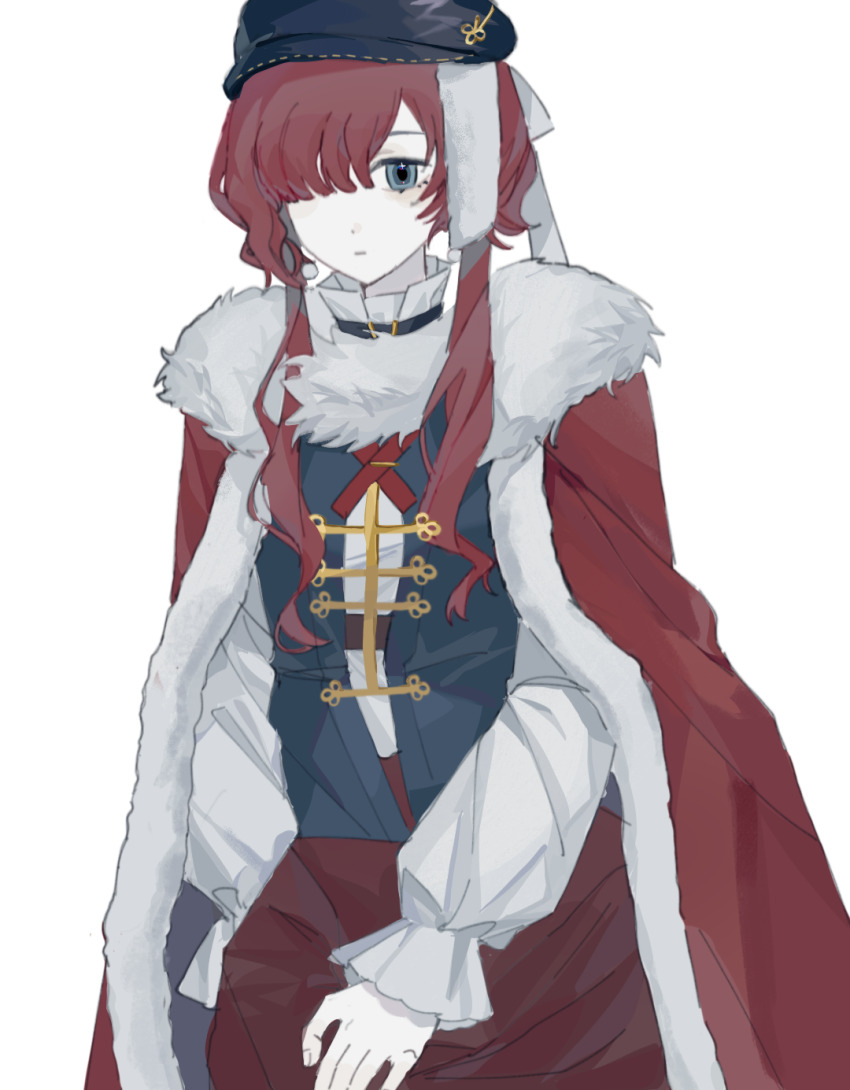 1girl black_hat black_vest blue_eyes newsboy_cap cape closed_mouth cross_tie expressionless feiku_chaoren fur-trimmed_cape fur_trim hair_over_one_eye hat highres long_sleeves looking_at_viewer one_eye_covered puffy_long_sleeves puffy_sleeves red_cape red_hair red_skirt reverse:1999 shirt short_hair_with_long_locks skirt solo upper_body vest white_background white_shirt yenisei_(reverse:1999)