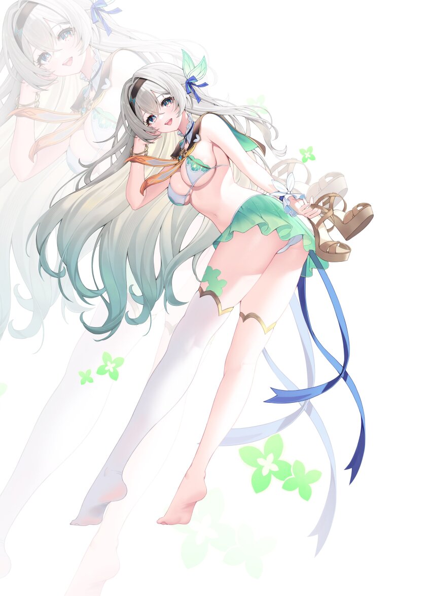 1girl absurdres alternate_costume arm_up ass bikini bikini_skirt black_hairband blue_eyes blue_pubic_hair bracelet breasts colored_pubic_hair firefly_(honkai:_star_rail) from_side full_body green_bikini hairband hand_up high_heels highres holding holding_footwear holding_unworn_clothes honkai:_star_rail honkai_(series) jewelry large_breasts leaning_forward long_hair looking_at_viewer looking_to_the_side multicolored_bikini open_mouth pubic_hair red_eyes single_thighhigh soles solo swimsuit teeth thighhighs tiptoes two-tone_bikini two-tone_eyewear unworn_footwear upper_teeth_only white_bikini white_thighhighs wrist_cuffs yuri_(chocho_q) zoom_layer