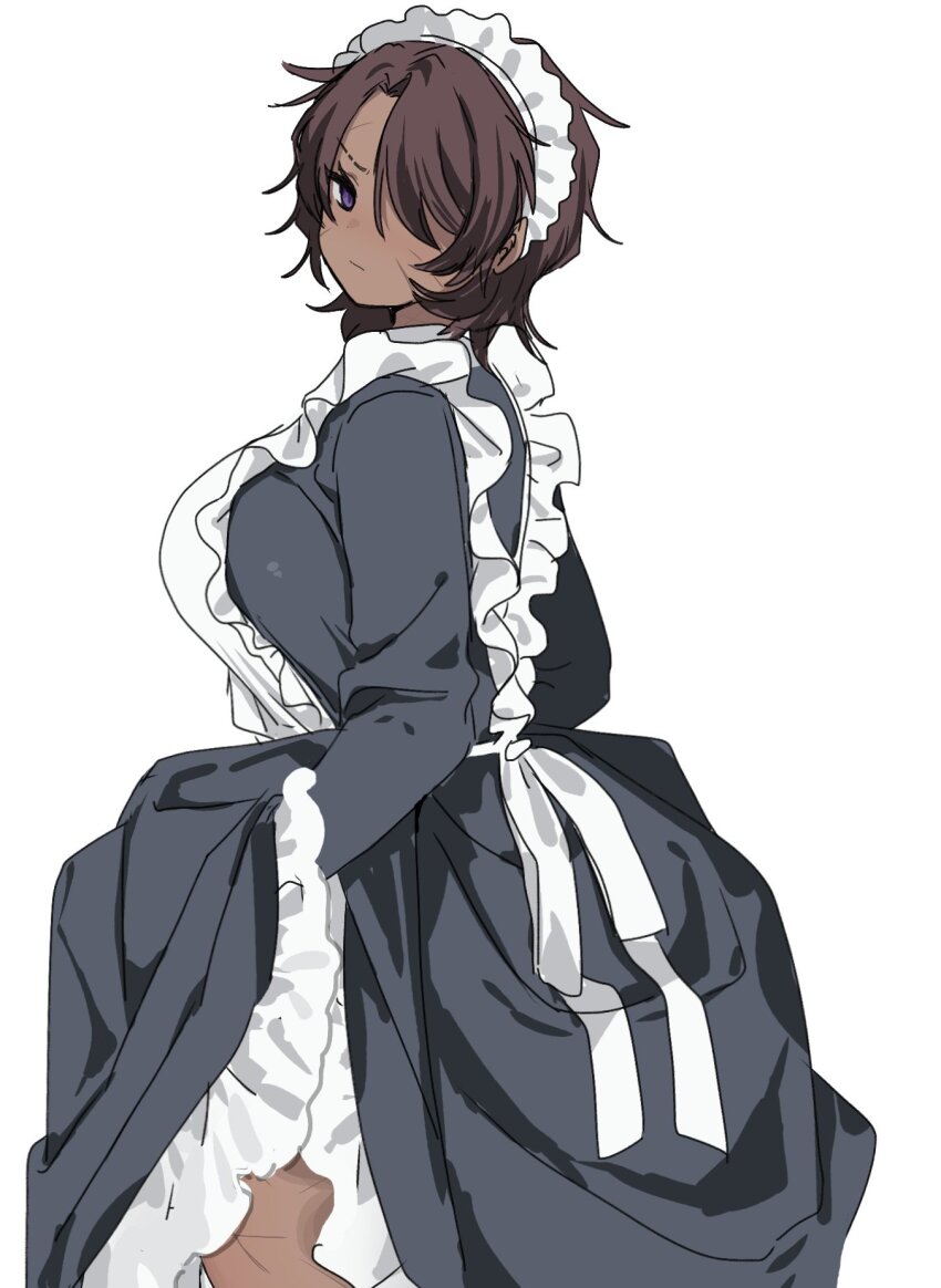 1girl alternate_costume apron black_eyes breasts brown_hair clothes_lift curtained_hair dark-skinned_female dark_skin from_behind genderswap genderswap_(mtf) hair_over_one_eye heathcliff_(project_moon) highres large_breasts lifting_own_clothes limbus_company long_sleeves looking_at_viewer looking_back maid maid_apron maid_headdress ngancurindunia project_moon scar scar_on_face scar_on_leg short_hair skirt skirt_lift solo white_background