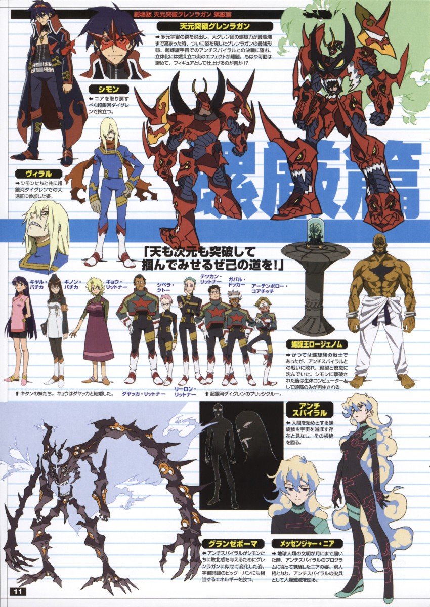 00s 5girls 6+boys absurdres antispiral antispiral_nia attenborough_cortitch bald beard belt black_hair blonde_hair blue_hair bodysuit boots bracelet chest_hair choker core_drill cybela_kuto dark_persona dayakka denim dress expressionless facial_hair gabal_docker goggles granzeboma green_hair grey_hair highres jacket jeans jewelry kinon_bachika kiyal_bachika kiyoh_bachika leeron_littner long_coat lordgenome mecha multicolored_hair multiple_boys multiple_girls muscular mustache nia_teppelin official_art pants pink_hair robot scan simon_(ttgl) simon_shades skin_tight slit_pupils smile sneer star_(symbol) tengen_toppa_gurren-lagann_(mecha) tengen_toppa_gurren_lagann tetsukan topless_male translation_request two-tone_hair viral_(ttgl)