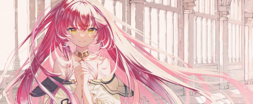 1girl absurdres boukyaku_seijo cover cover_page floating_hair gold_choker hallway highres light_smile long_hair mariabelle_(boukyaku_seijo) novel_cover off-shoulder_shirt off_shoulder official_art pink_hair second-party_source shirt shuri_(84k) solo steepled_fingers very_long_hair yellow_eyes
