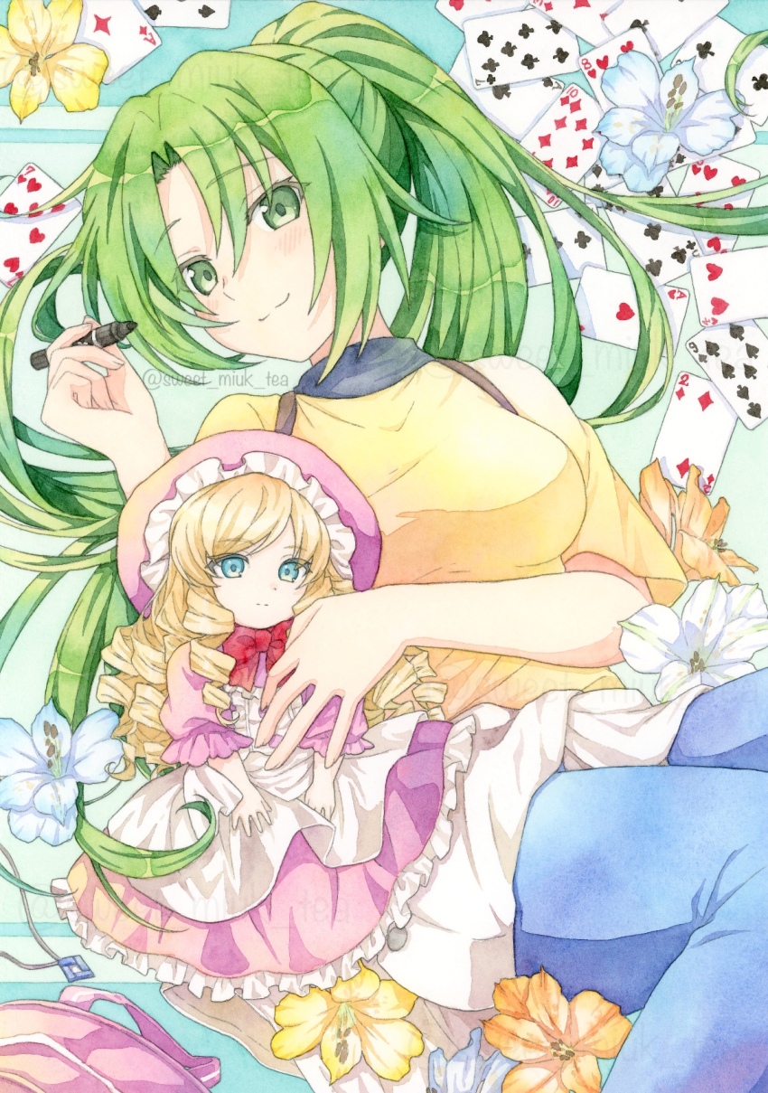 1girl ace_(playing_card) ace_of_clubs ace_of_diamonds ace_of_hearts ace_of_spades apron bag blonde_hair blue_eyes blush bow breasts card closed_mouth clothes_around_waist club_(shape) diamond_(shape) doll dress drill_hair eight_of_hearts five_of_clubs five_of_spades flower four_of_hearts frilled_dress frills green_eyes green_hair heart high_ponytail highres higurashi_no_naku_koro_ni holding jacket jacket_around_waist jewelry lily_(flower) long_hair looking_at_viewer lying marker medium_breasts necklace nine_of_spades on_back painting_(medium) pants parted_bangs playing_card ponytail puffy_short_sleeves puffy_sleeves seven_of_clubs seven_of_hearts shirt short_sleeves smile solo sonozaki_mion spade_(shape) sweet_miuk_tea t-shirt ten_of_diamonds three_of_clubs traditional_media turtleneck turtleneck_shirt twitter_username two_of_clubs two_of_spades unworn_jewelry unworn_necklace very_long_hair watercolor_(medium) white_apron white_flower yellow_shirt