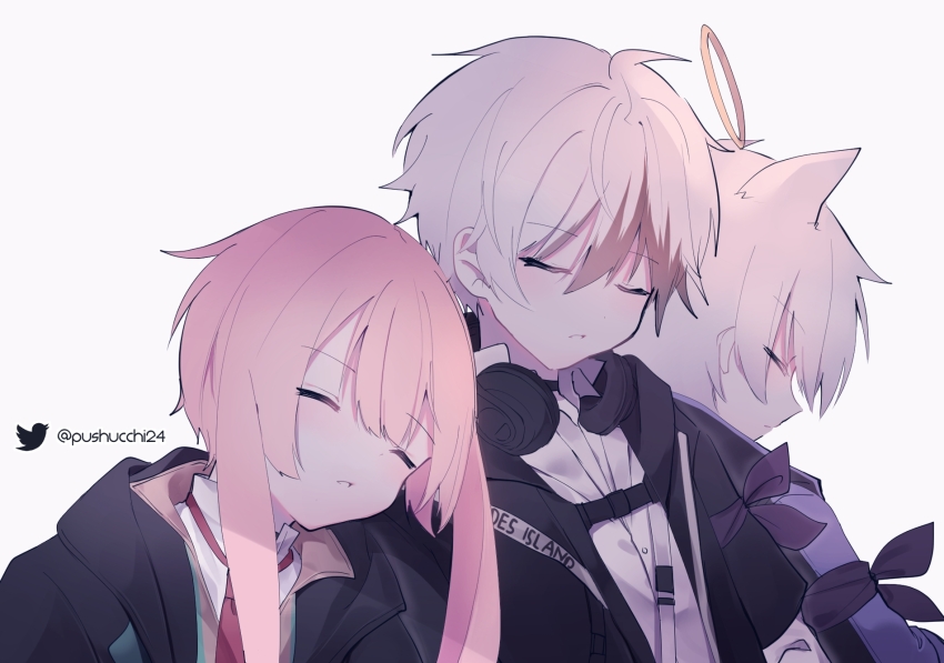 3boys adnachiel_(arknights) animal_ears ansel_(arknights) arknights bag black_jacket closed_eyes colored_tips commentary english_commentary grey_hair halo head_on_another&#039;s_shoulder headphones headphones_around_neck highres jacket lop_rabbit_ears male_focus multicolored_hair multiple_boys necktie parted_lips pink_hair purple_jacket pushu rabbit_ears red_necktie shirt simple_background sleeping steward_(arknights) twitter_logo twitter_username white_hair white_shirt